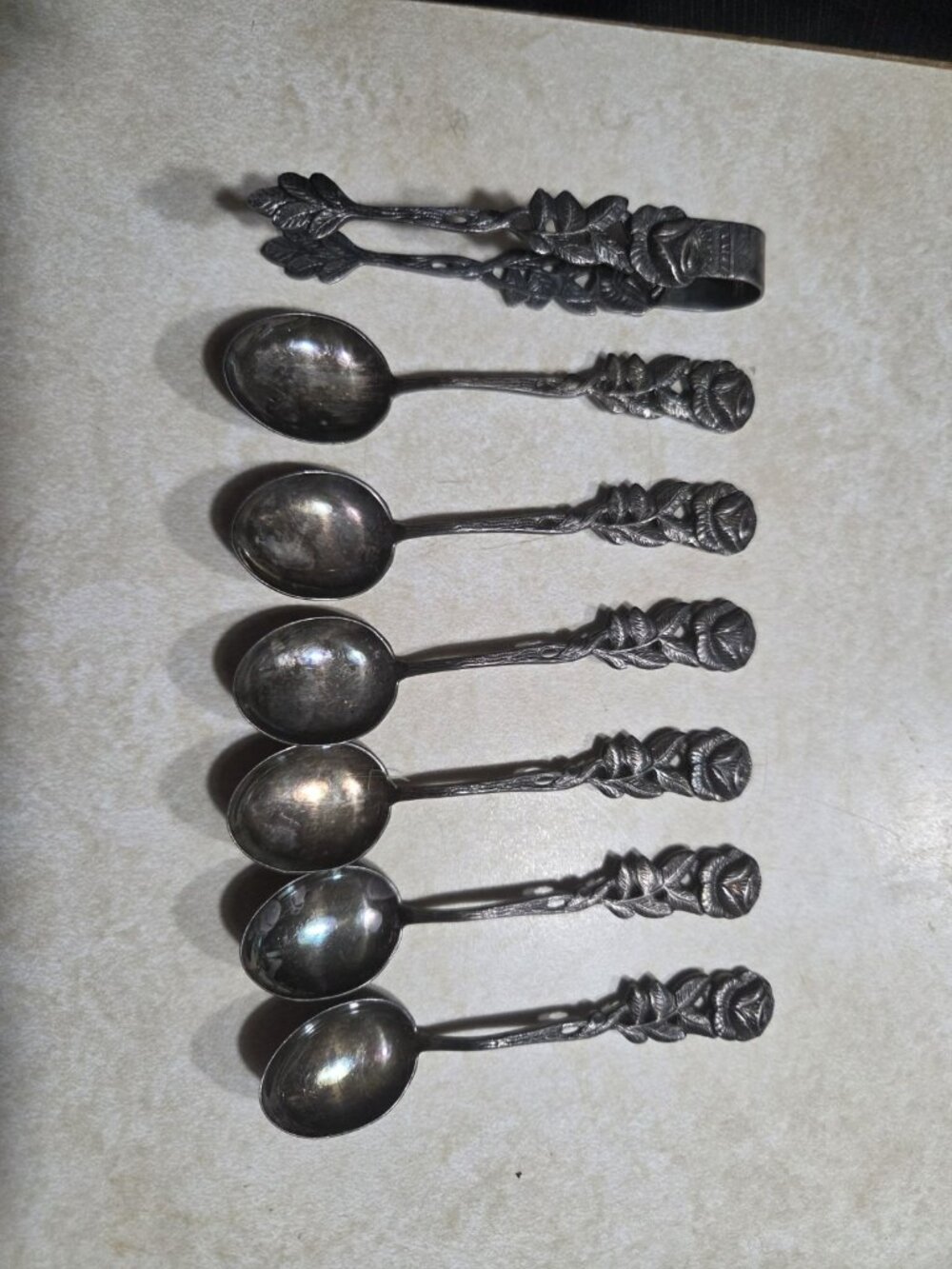 Set 6 Antiko 100 Hildesheimer Rose Collectable Spoons with Sugar Tongs Vintage